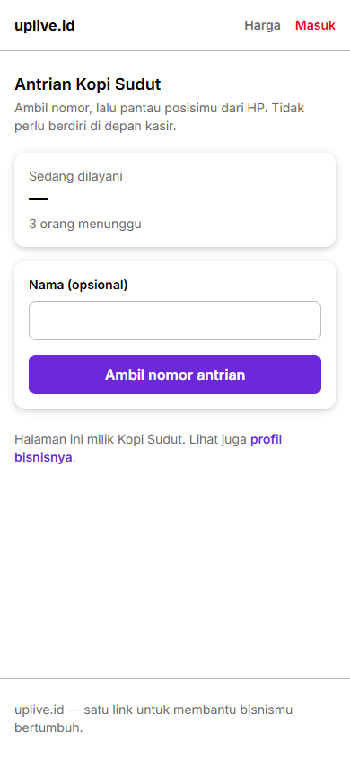 Halaman ambil nomor antrean Kopi Sudut di uplive.id