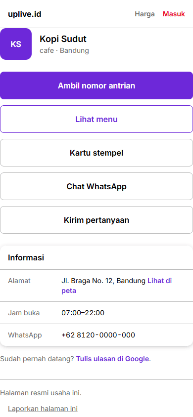Halaman usaha Kopi Sudut di uplive.id