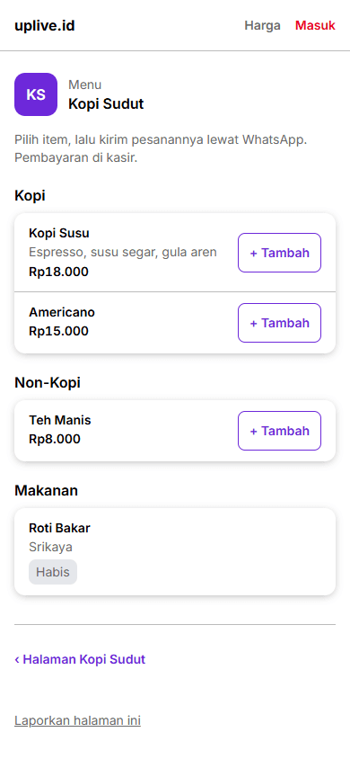 Menu dan katalog Kopi Sudut di uplive.id